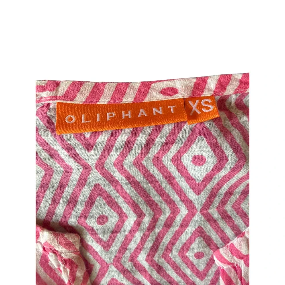 Oliphant Tunic Top Pink Geometric Diamond Print Cotton XS Long Sleeve Notch Neck